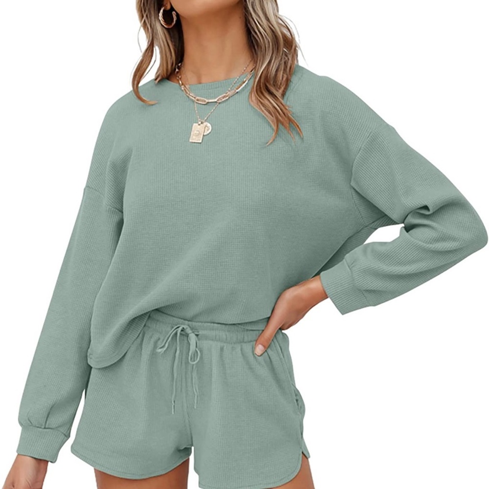 ZESICA Women's Waffle Knit Long Sleeve Top and Shorts Pullover Nightwear Lounge